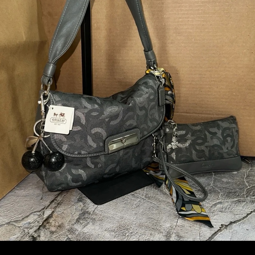 Coach Kristin Lurex Canvas Charcoal gray Shoulder Bag Set NWT